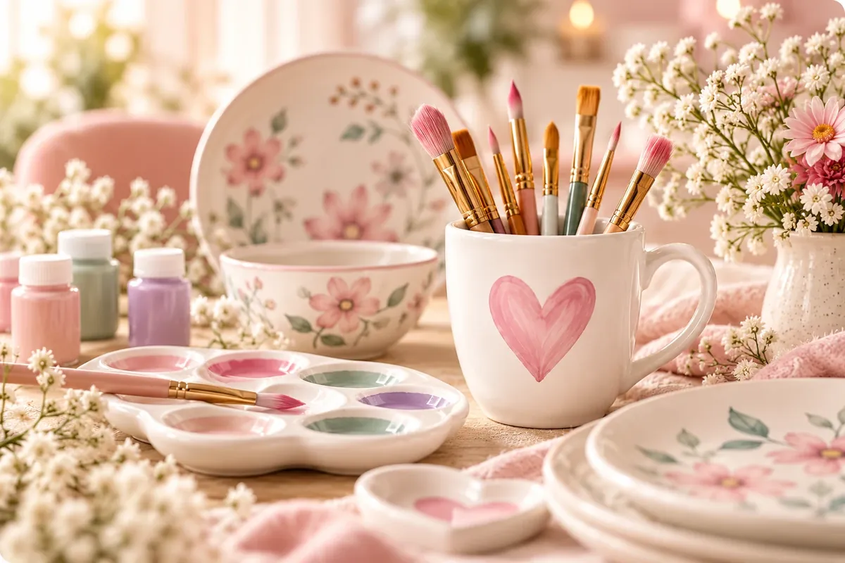 Bemalte Keramik auf einem Tisch: Becher mit Herz und Pinseln, Teller und Schale mit Blumen, Farbpalette und Farben